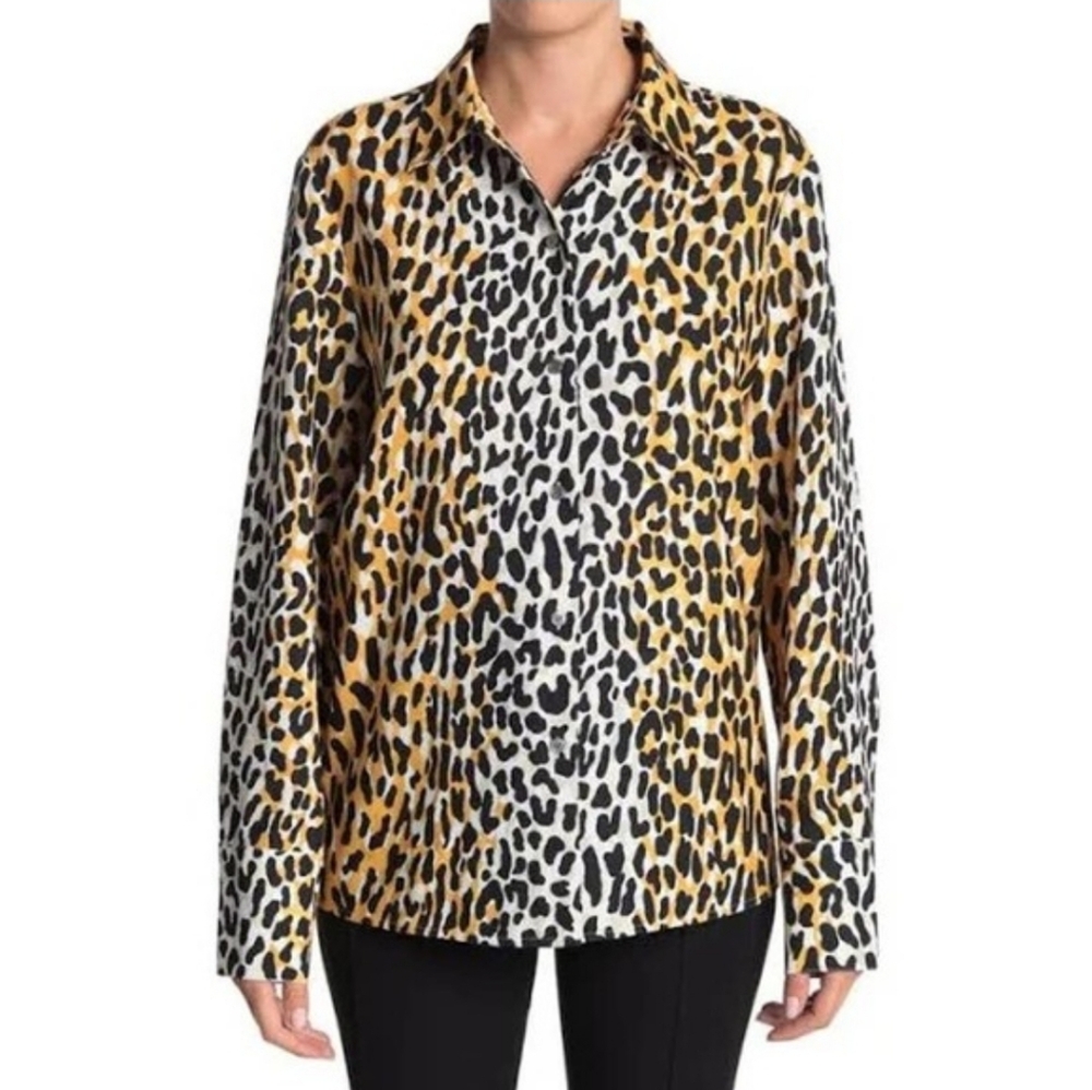 St. John Satin Back Leopard Print Shirt Animal Blouse Goldenrod Multi Size Small